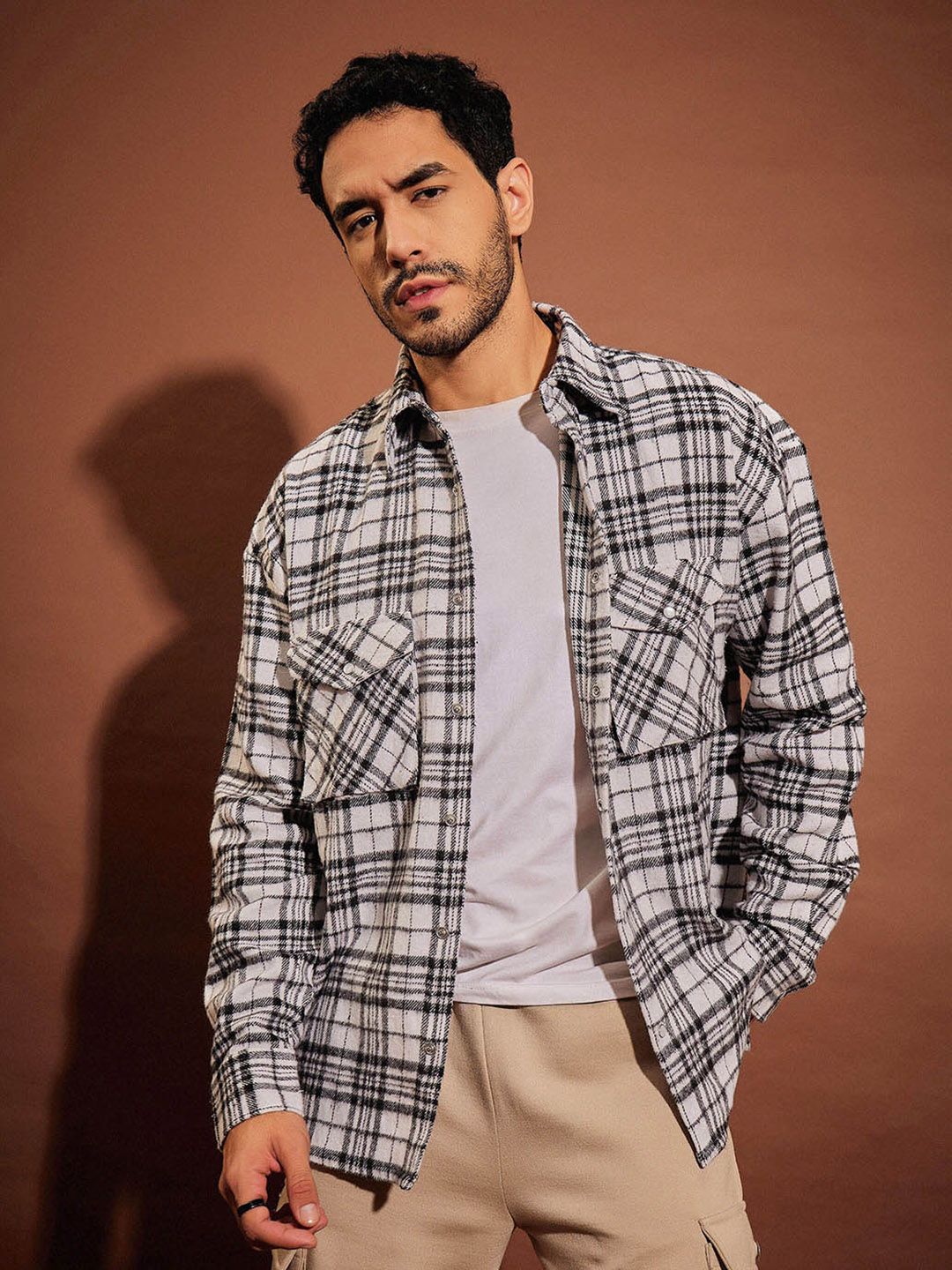 MASCLN SASSAFRAS White Relaxed Oversized Tartan Checked Pure Cotton Casual Shacket