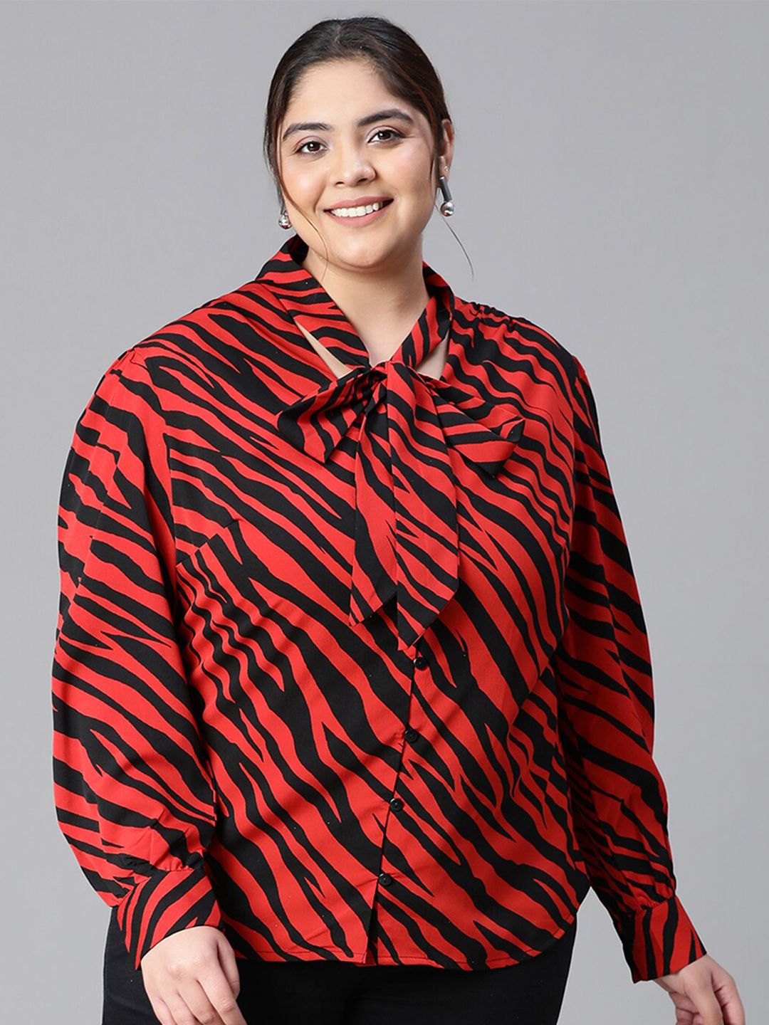 Oxolloxo Plus Size Animal Printed Tie-Up Neck Shirt Style Top