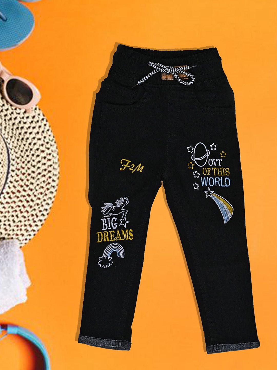 A-Okay Boys Black Faded Slim Fit Embroidered High-Rise Trousers