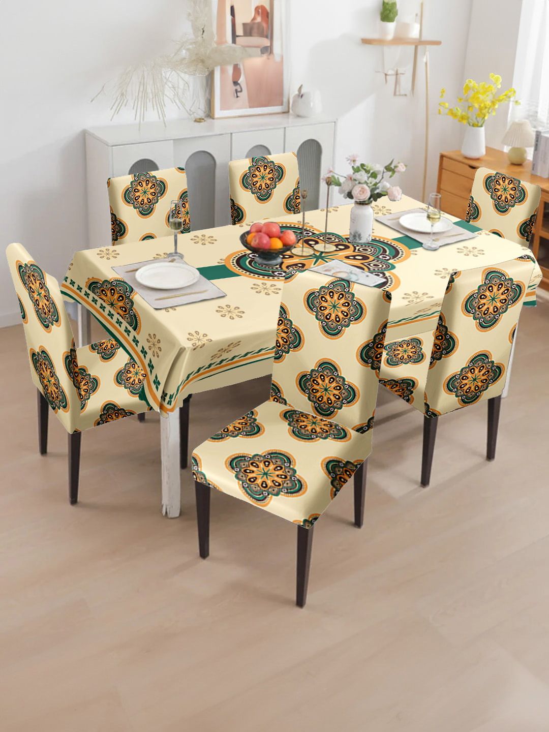 Buy Cortina Cream & Green Waterproof Mandala Printed 6 Chair Covers With Table Cover -  - Home for Unisex