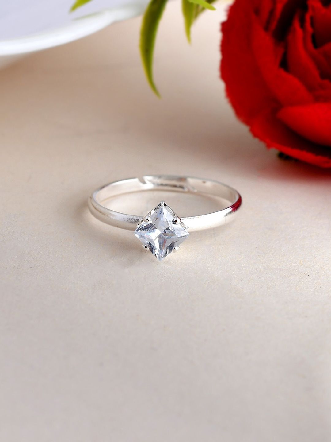 VOJ Silver-Plated CZ Studded Adjustable Ring