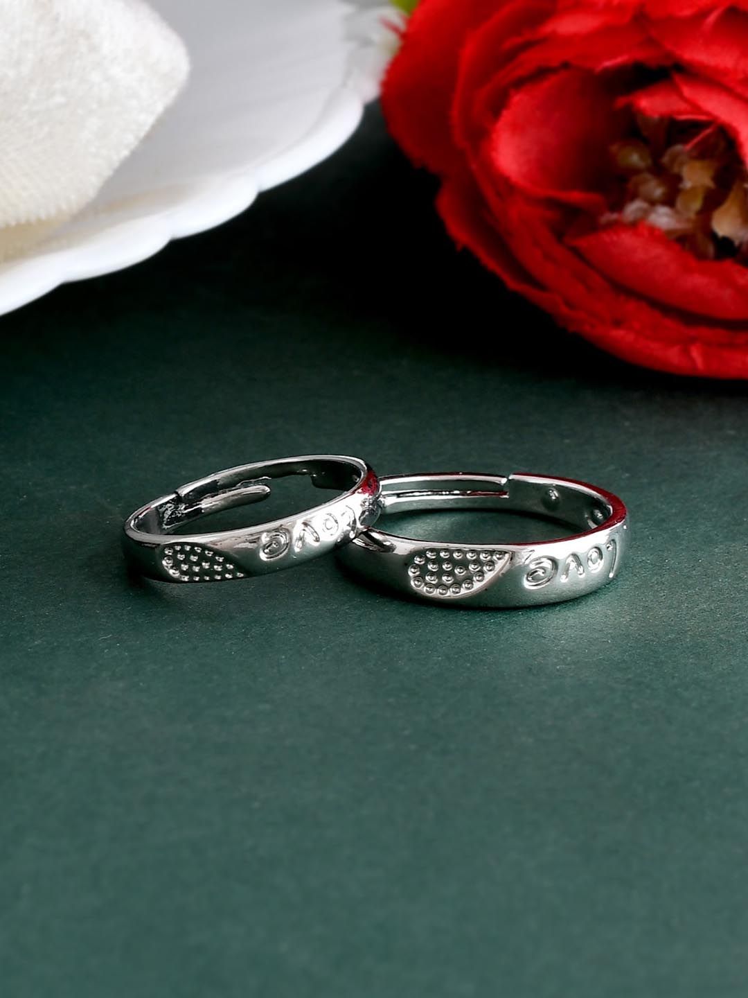VOJ Silver-Plated CZ Studded Adjustable Couple Ring
