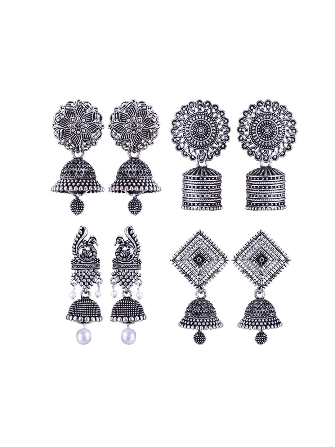 MEENAZ Set Of 4 Silver Plated Peacock Shaped Oxidized  Jhumkas