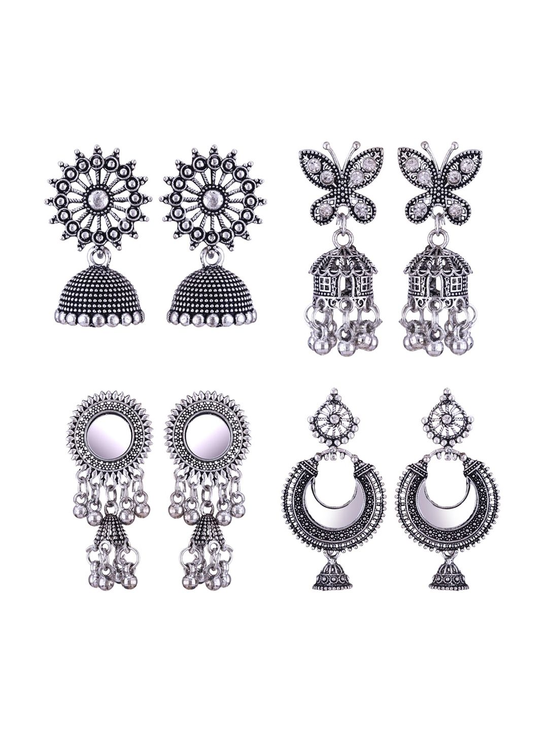 MEENAZ Set Of 4 Silver Plated Peacock Shaped Jhumkas
