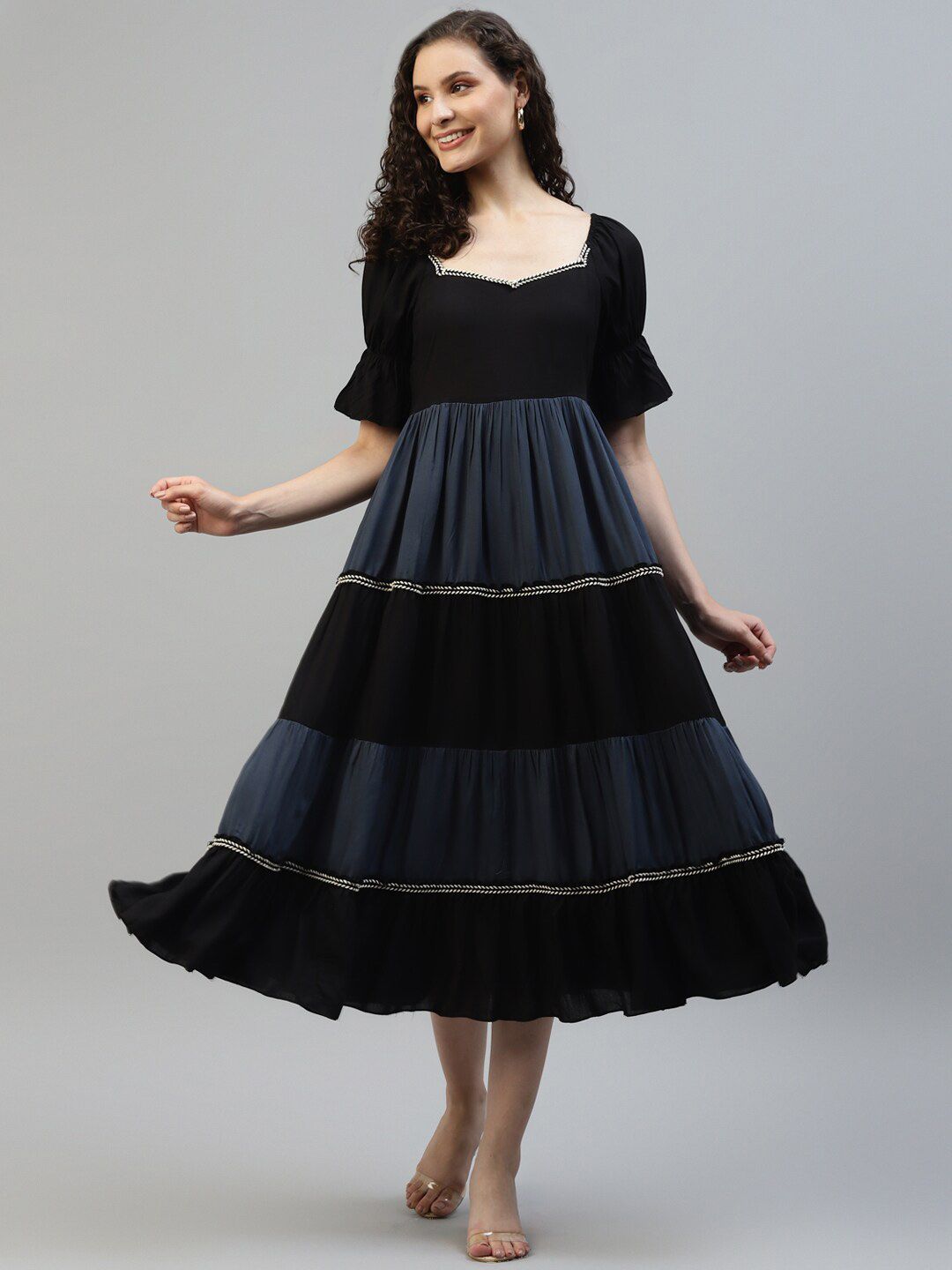 Vibes by Deebaco  Colourblocked Tiered Fit & Flare Midi Dress