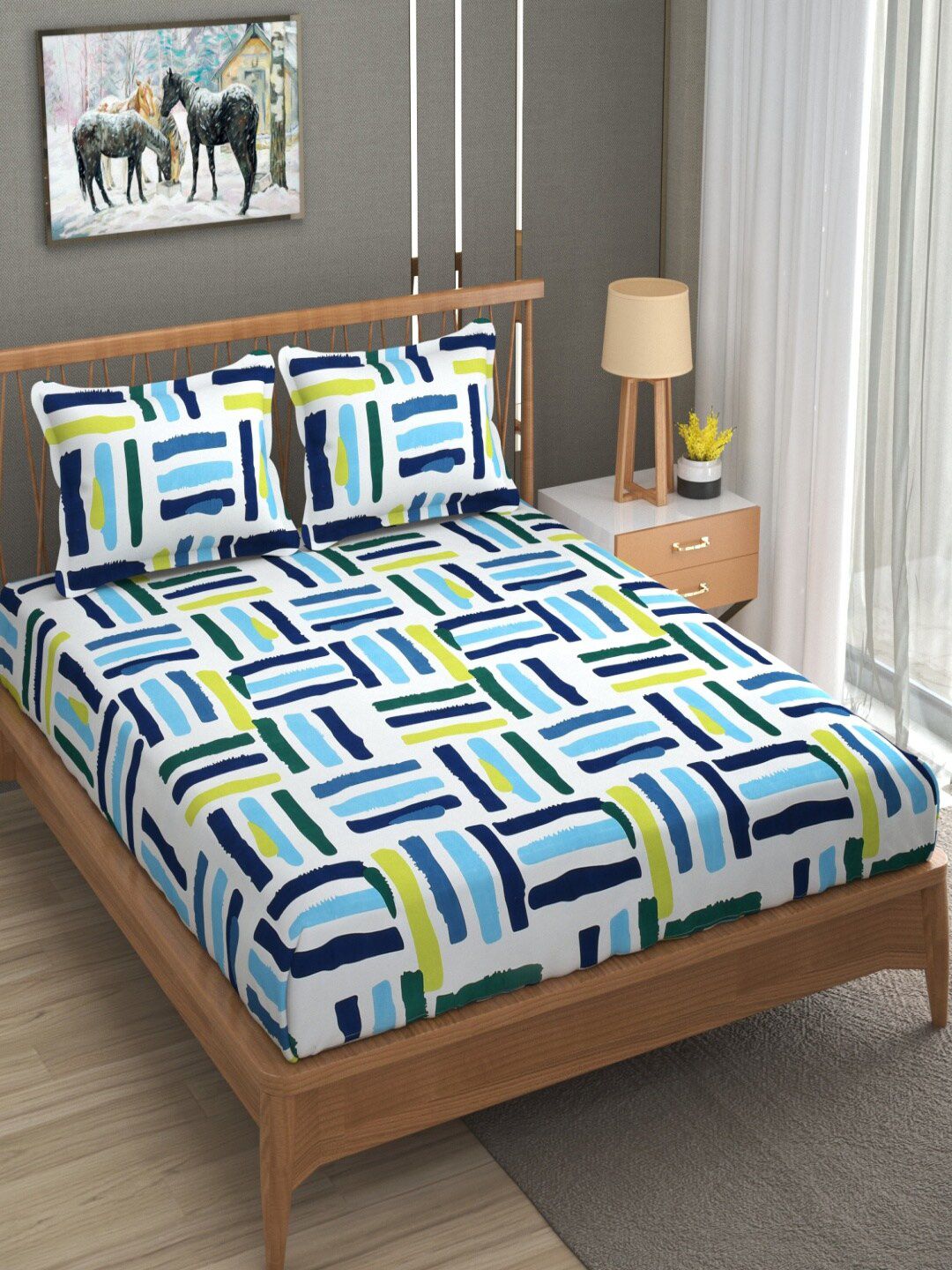 Buy Aura Blue Geometric Microfiber 180 TC Queen Fine Bedsheet With 2 Pillow Covers 225 X 225 Cm -  - Home for Unisex