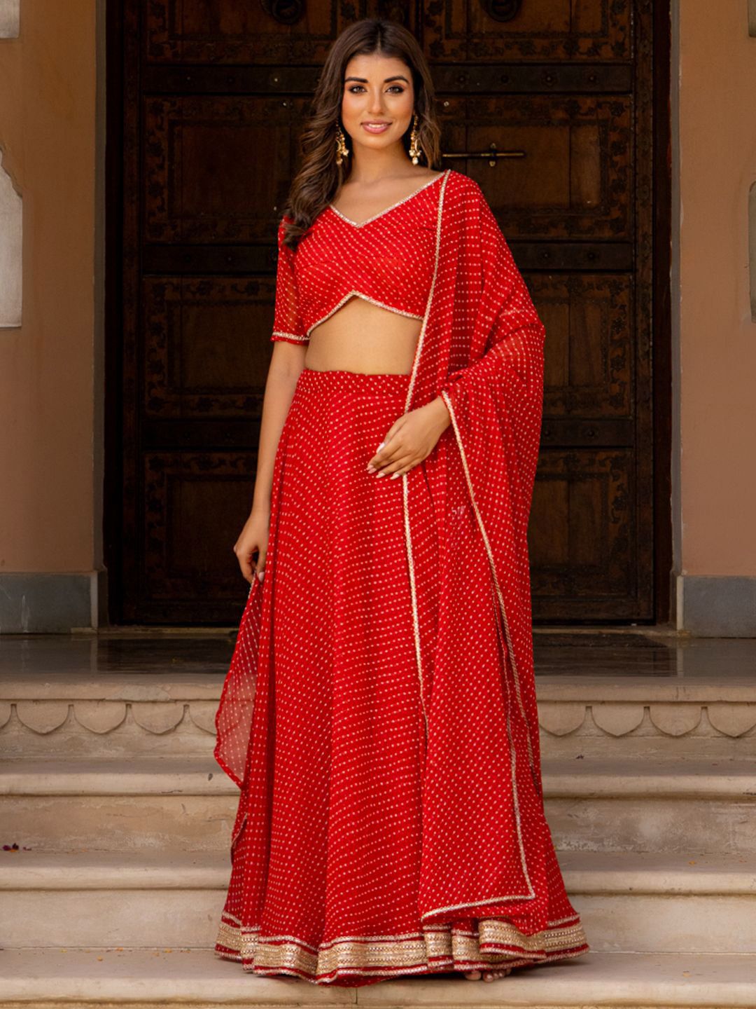 Red Printed Gotta Patti Ready to Wear Lehenga & Blouse With Dupatta 5