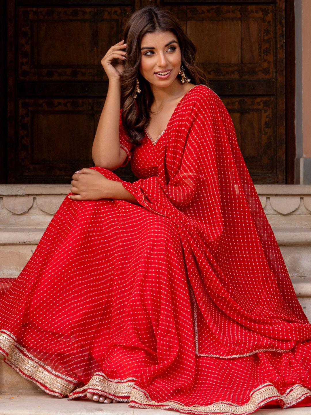 Red Printed Gotta Patti Ready to Wear Lehenga & Blouse With Dupatta 6
