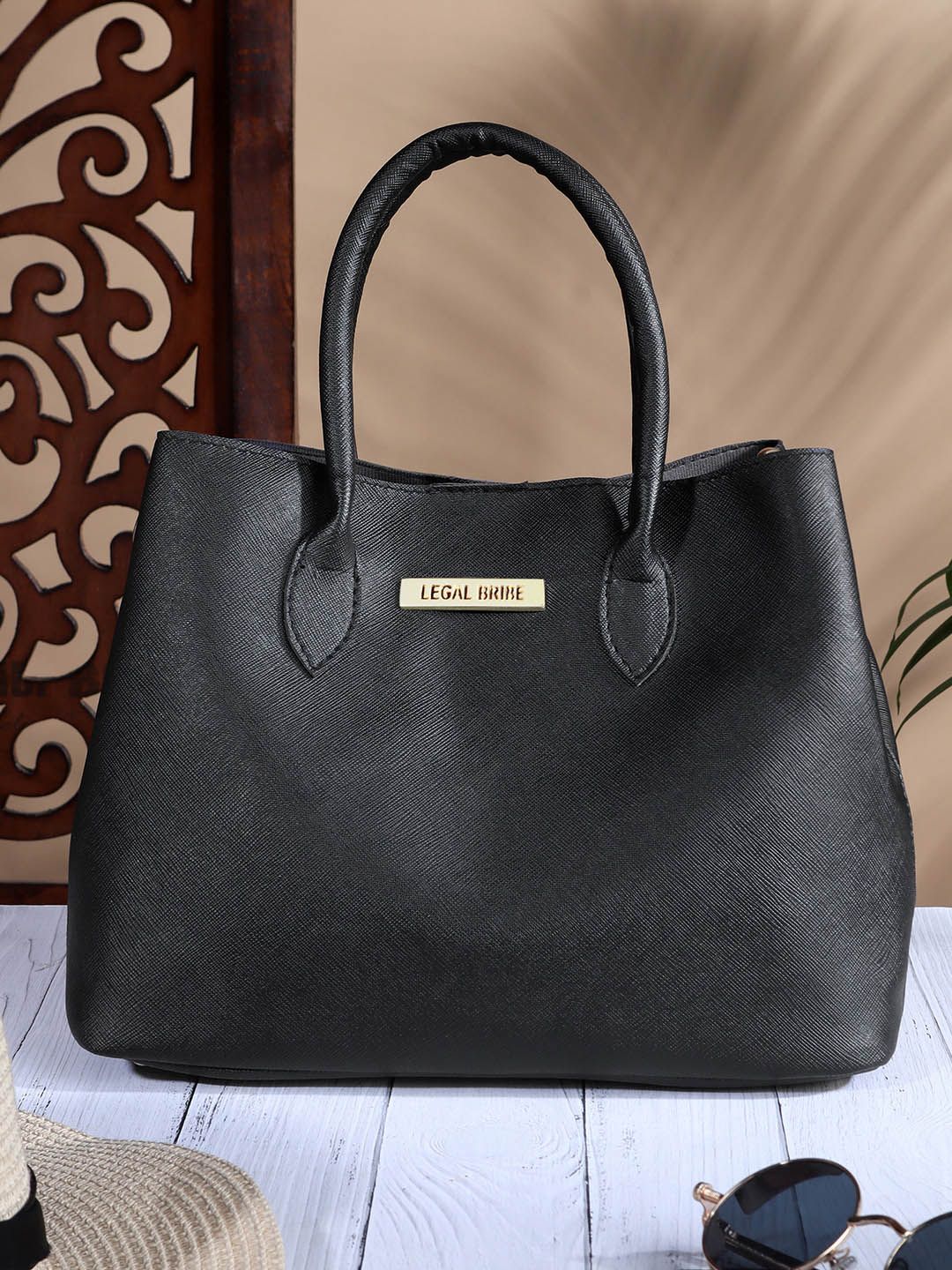 LEGAL BRIBE Black Textured Structured Handheld Bag PU