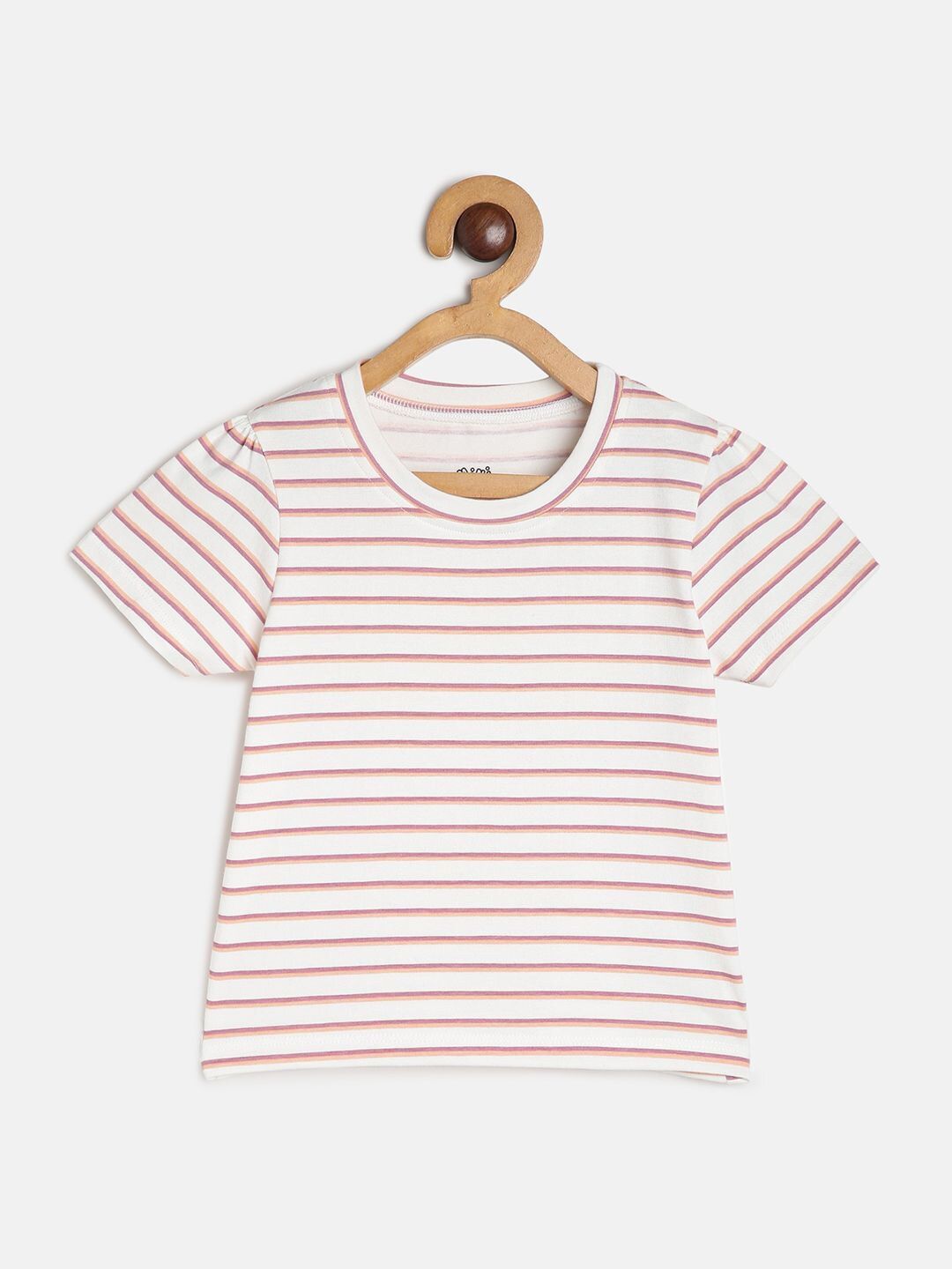 MINI KLUB Girls Horizontal Striped Puff Sleeves Cotton Top
