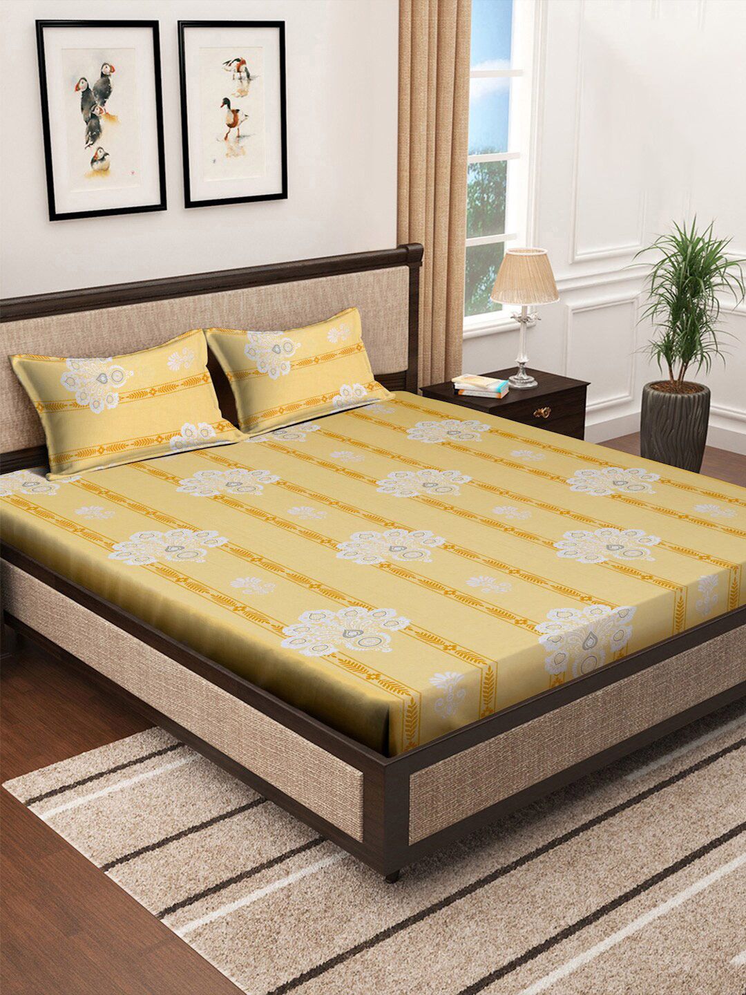 KLOTTHE Yellow Floral Printed Fitted 400 TC Cotton King Bedsheet & 2 Pillow Covers