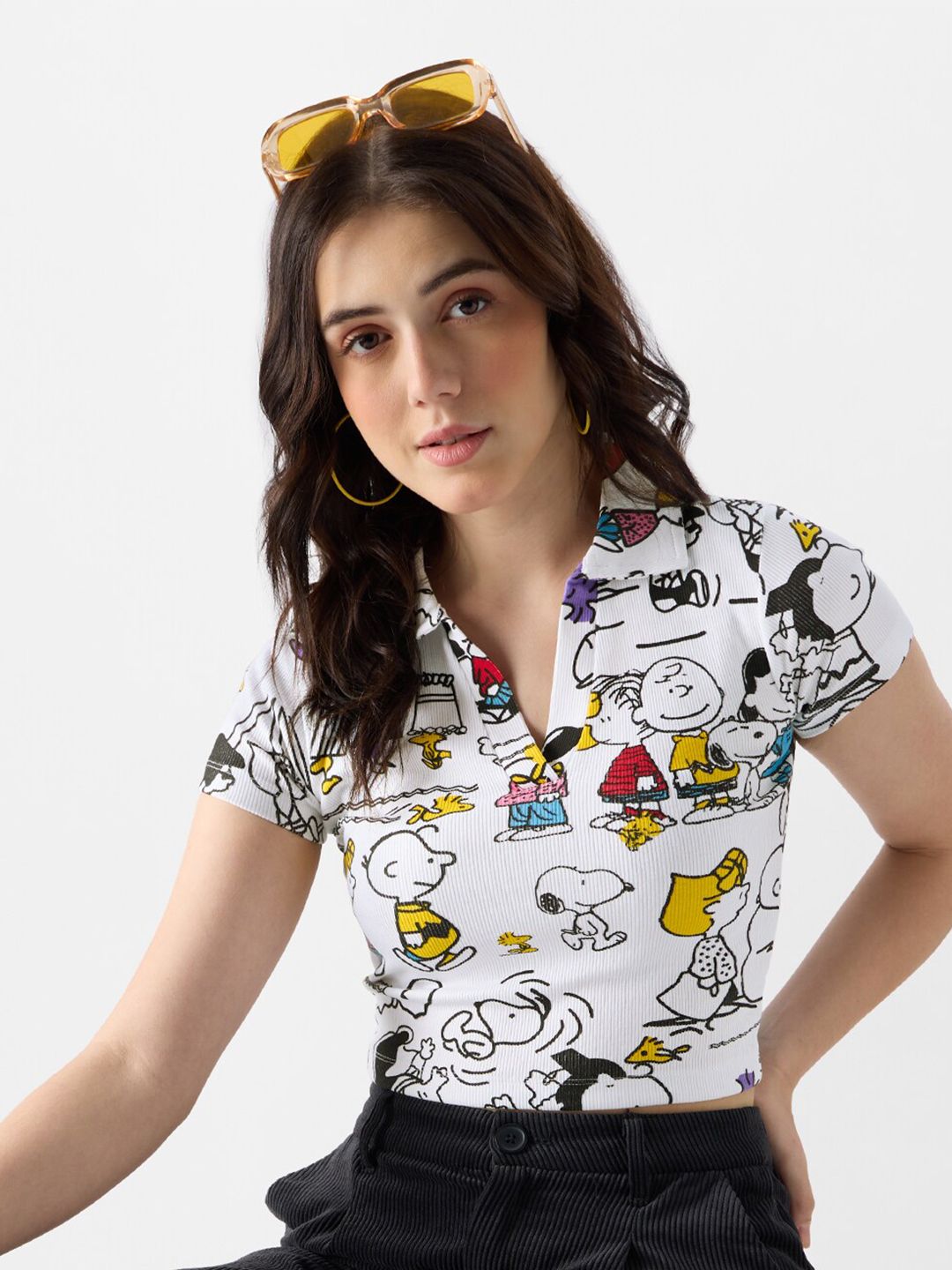 The Souled Store Women Peanuts Playtime Printed White Slim Fit Cropped Polos