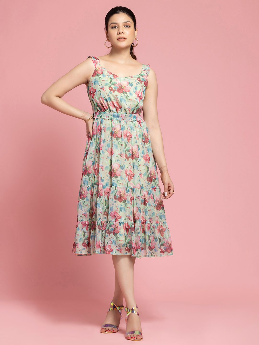OCTICS Floral Printed Chiffon Fit and Flare Midi Dress