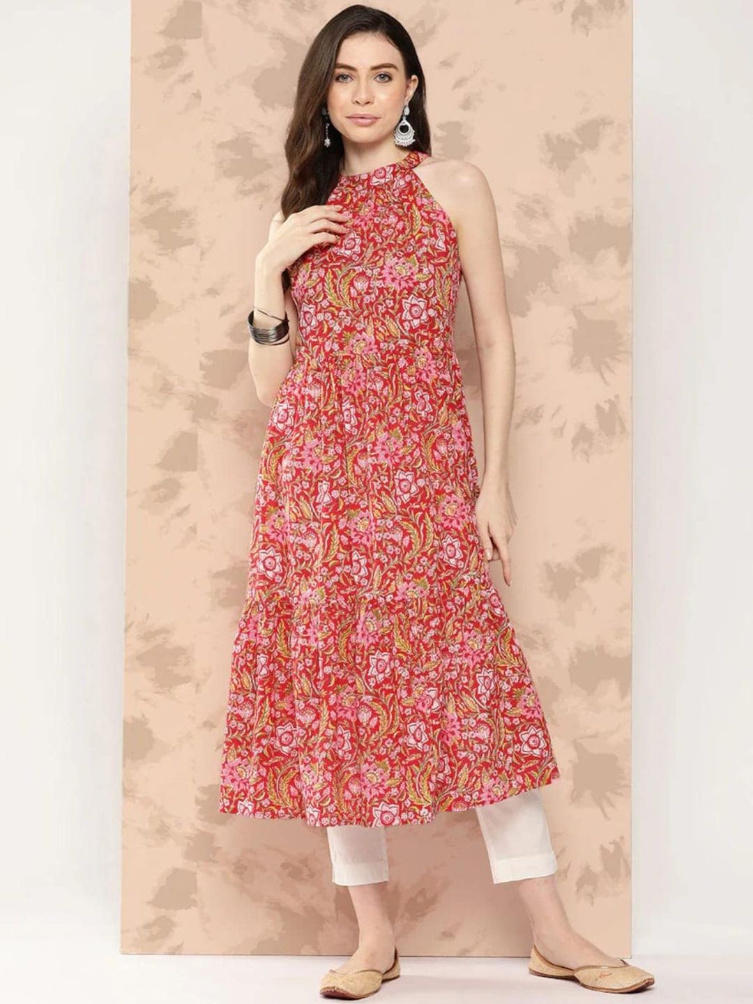 Kamayra Floral Printed Halter Neck Anarkali Pure Cotton Kurta