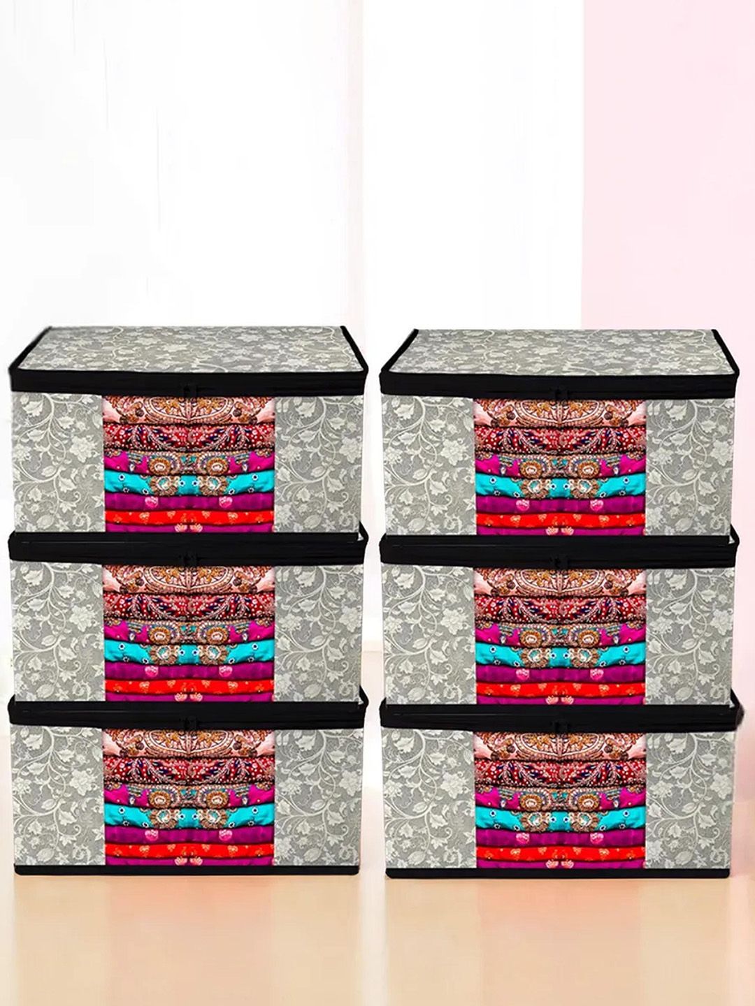 Kuber Industries Black & Grey 6 Pieces Printed Storage Bag Organiser