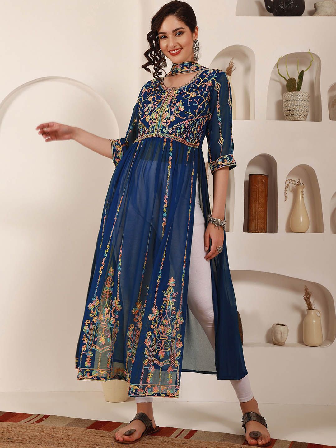 Sangria X fwd  Floral Embroidered Pure Georgette Straight Kurta With Dupatta
