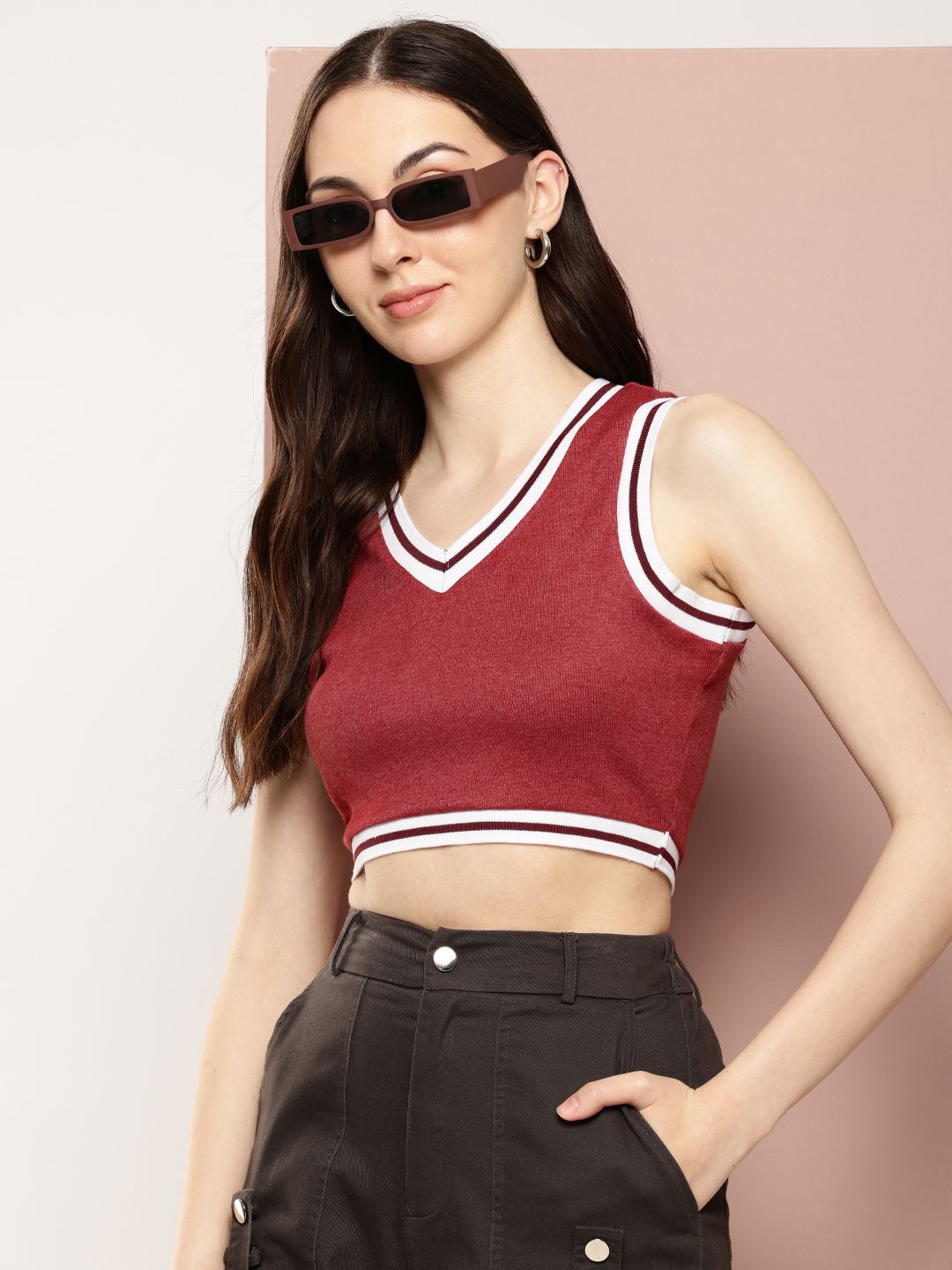 Harvard Pure Cotton V-Neck Ribbed Sleeveless Crop Top