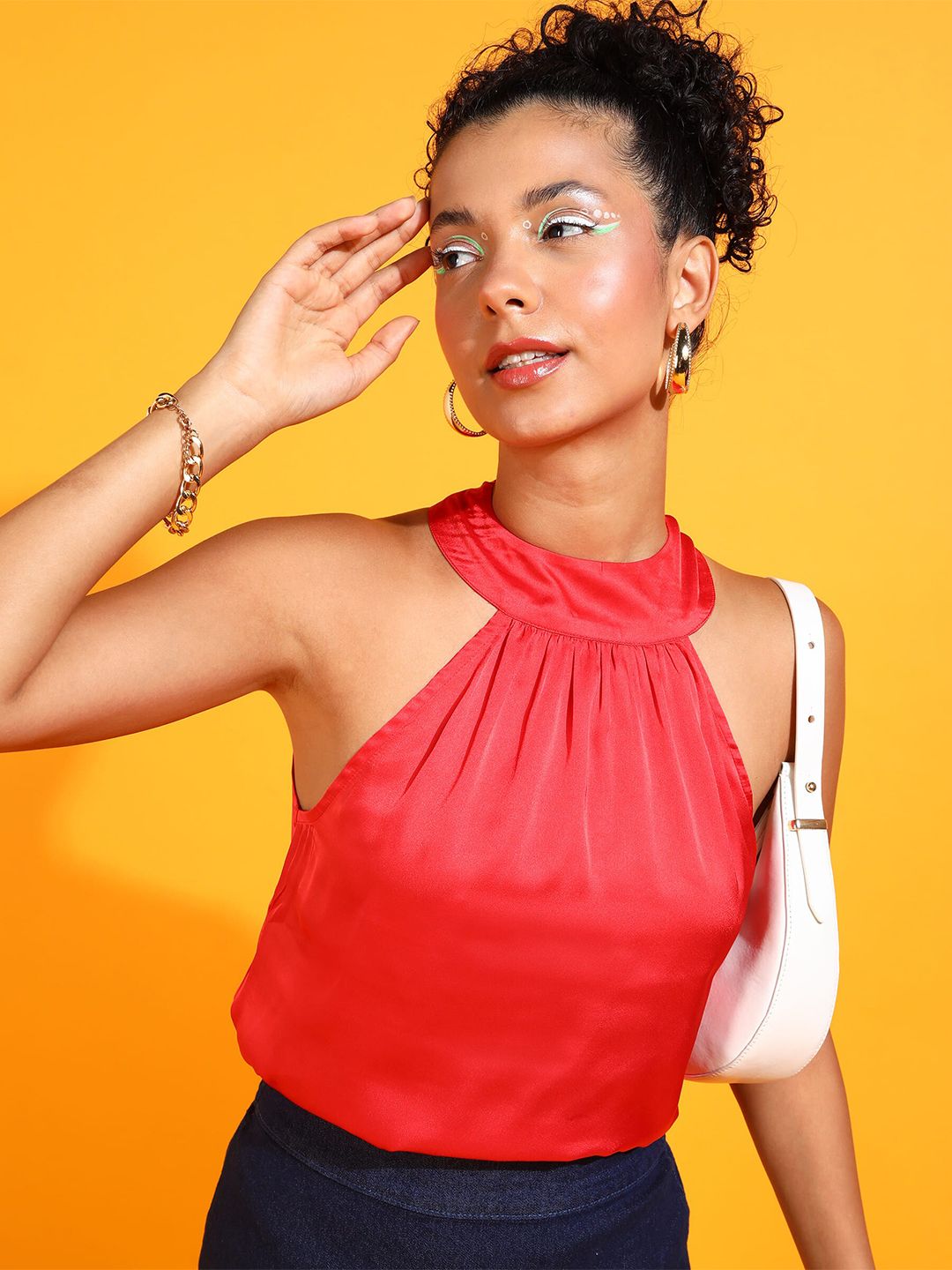 Fuchsia Solid Red High Neck Sleeveless Satin Regular Top