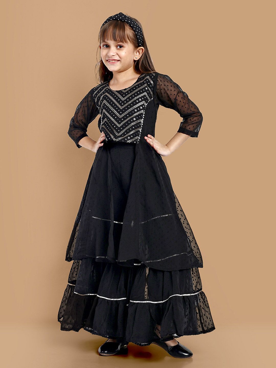 YK Girls Embellished Fit & Flare Jacquard Maxi Dress