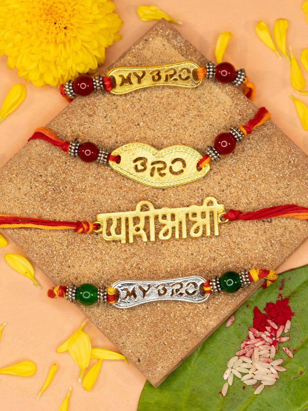 Yellow Chimes Set Of 4 Beaded Rakhi With Roli Rice & Greeting Card