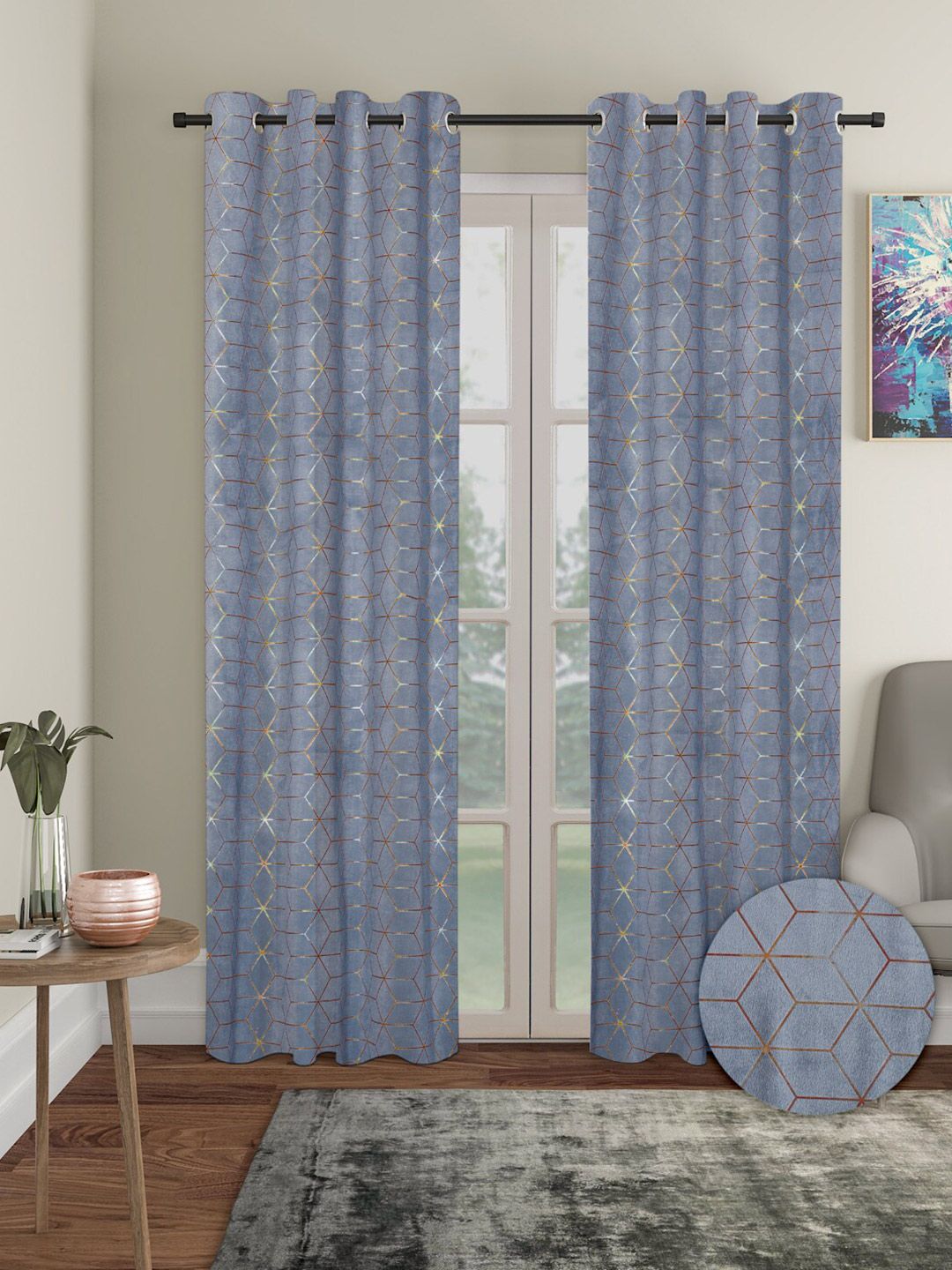 Buy Aura Grey 2 Pieces Velvet Geometric Blackout Long Door Curtain -  - Home for Unisex