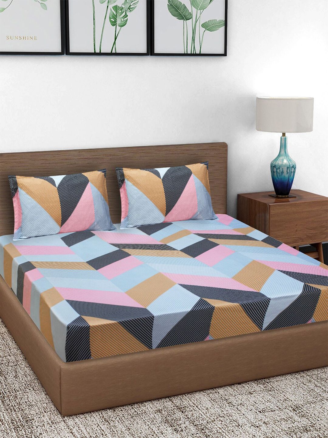 Buy Aura Blue Geometric Cotton 144 TC King Bedsheet With 2 Pillow Covers 108 X 108 Inches -  - Home for Unisex
