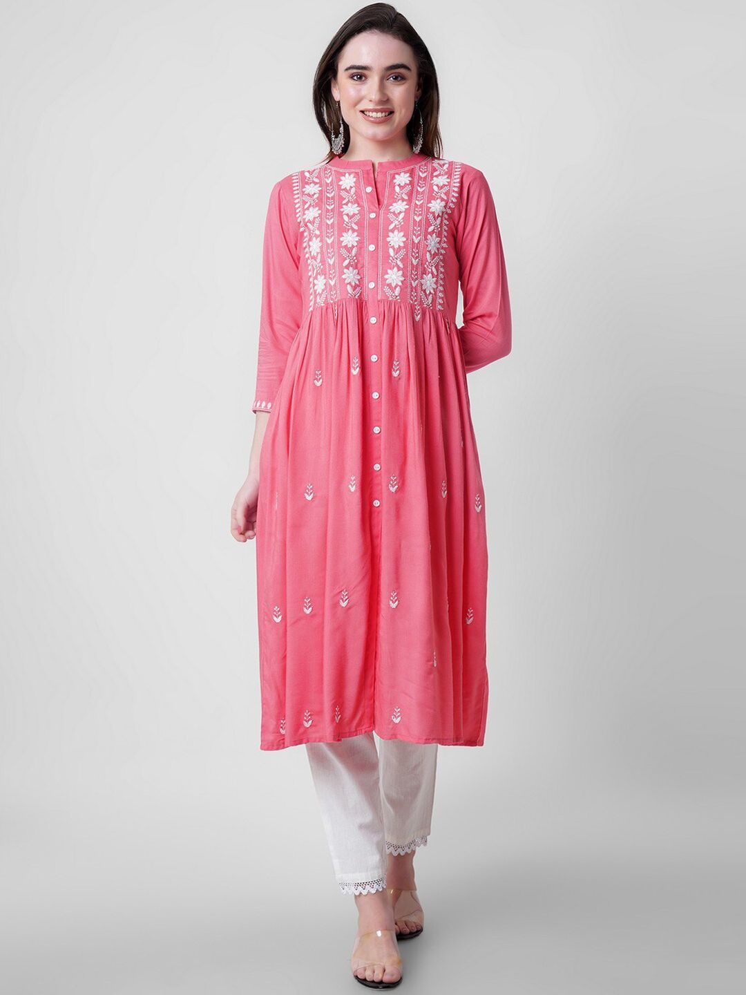 PURVIJA KURTIES Floral Embroidered Mandarin Collar Kurta