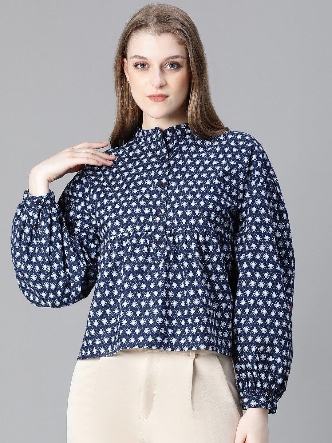 Oxolloxo Abstract Printed Mandarin Collar Organic Cotton Shirt Style Top