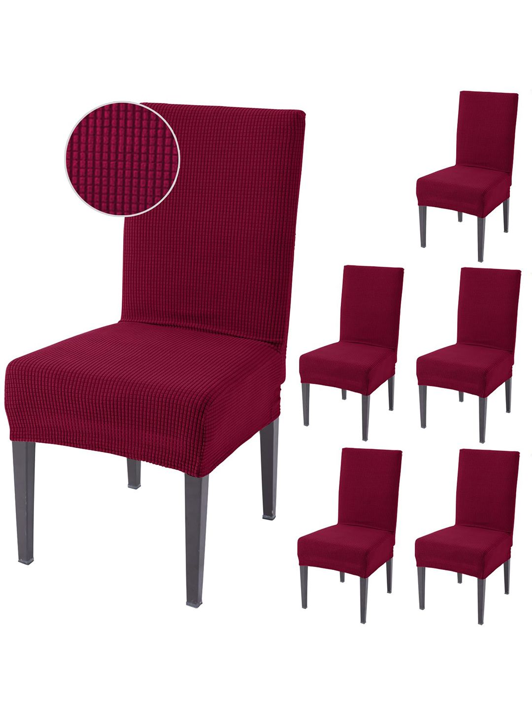 HOKIPO 6 Pcs Maroon Textured Jacquard Stretchable Chair Covers