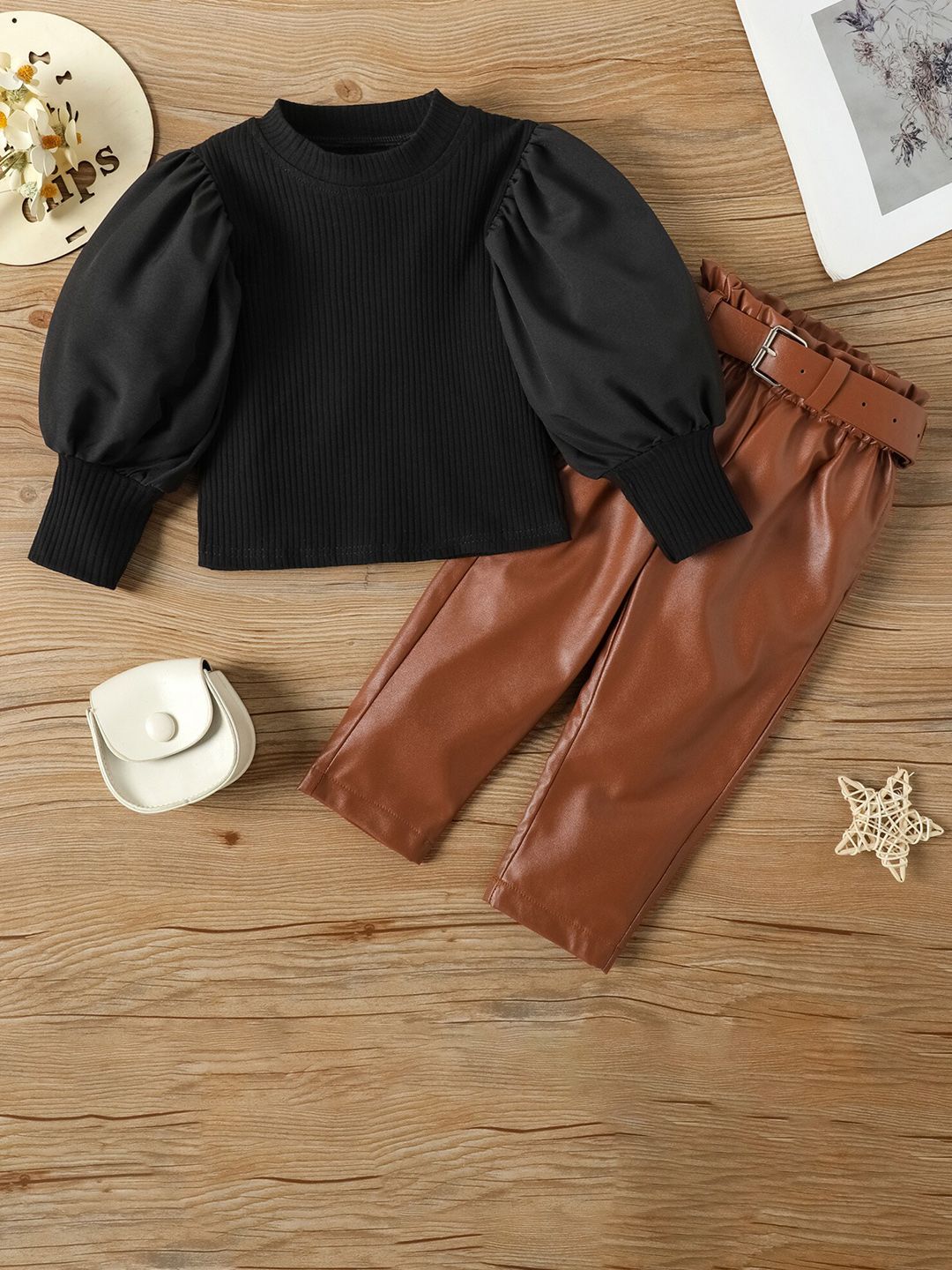INCLUD Girls Black Ribbed High Neck Top With Trousers Clothing Set