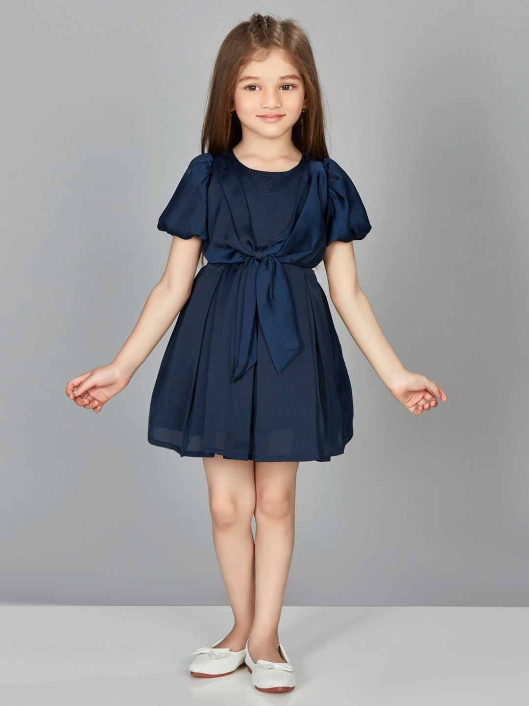 Peppermint Girls Puff Sleeves Tie Up Fit & Flare Dress