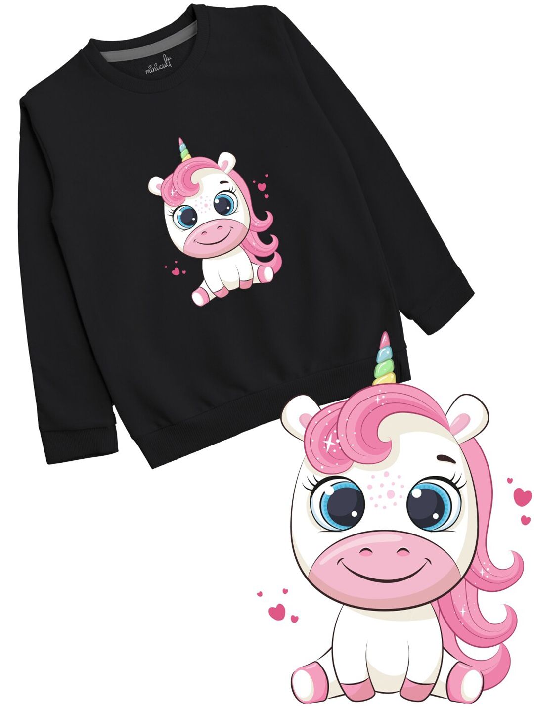 Minicult Girls Black Unicorn Printed Cotton Pullover Sweatshirt