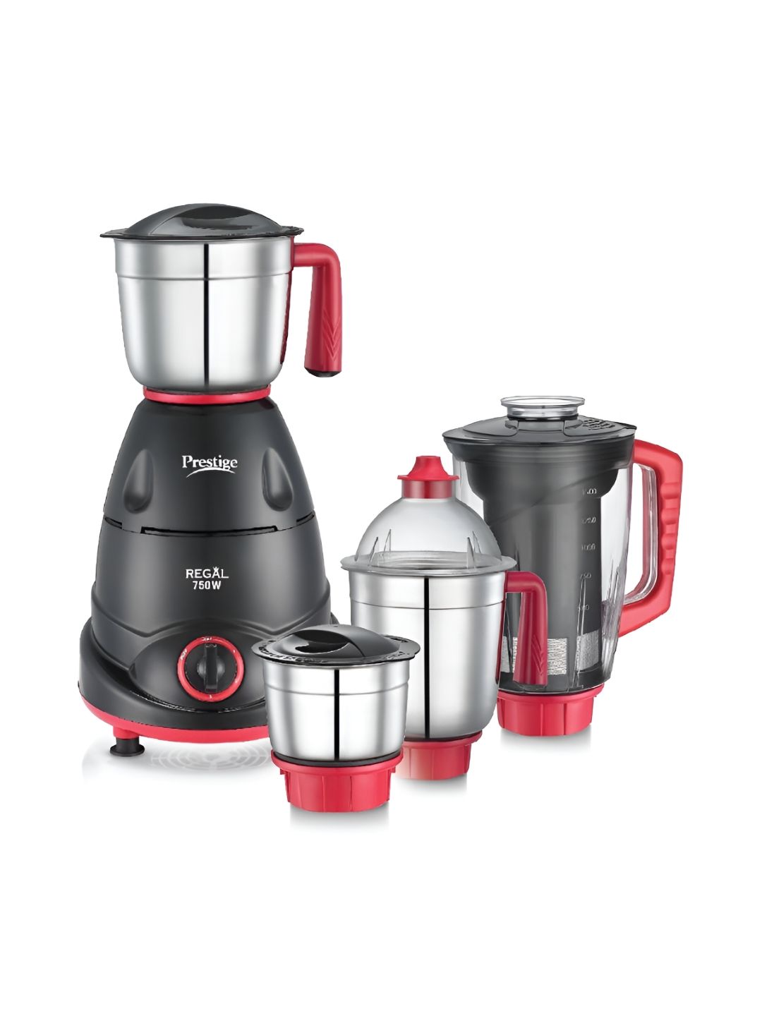 Prestige Regal Red Stainless Steel 4 Super Efficient Blades 4 Jars Wet and Dry Grinder with Juicer-750W