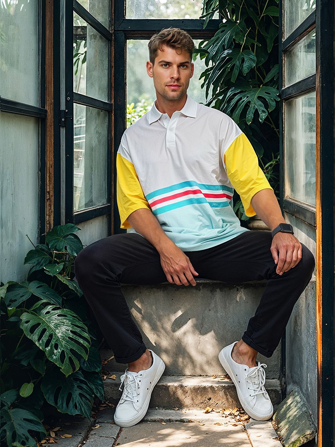 HERE&NOW Men Colourblocked Polo Collar Drop-Shoulder Sleeves Pure Cotton T-shirt
