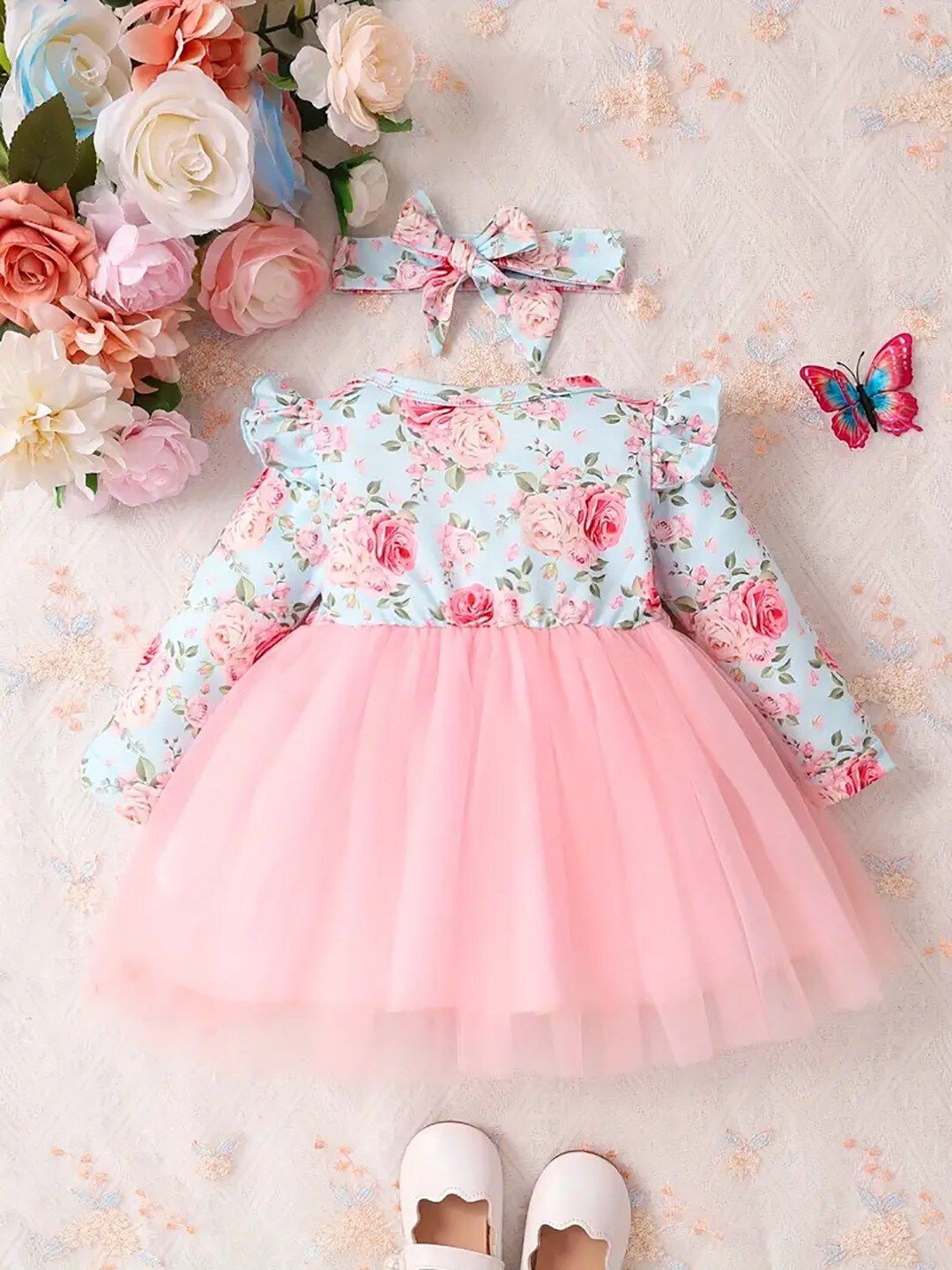 Floral Printed Net Ruffles Fit and Flare Dress 2