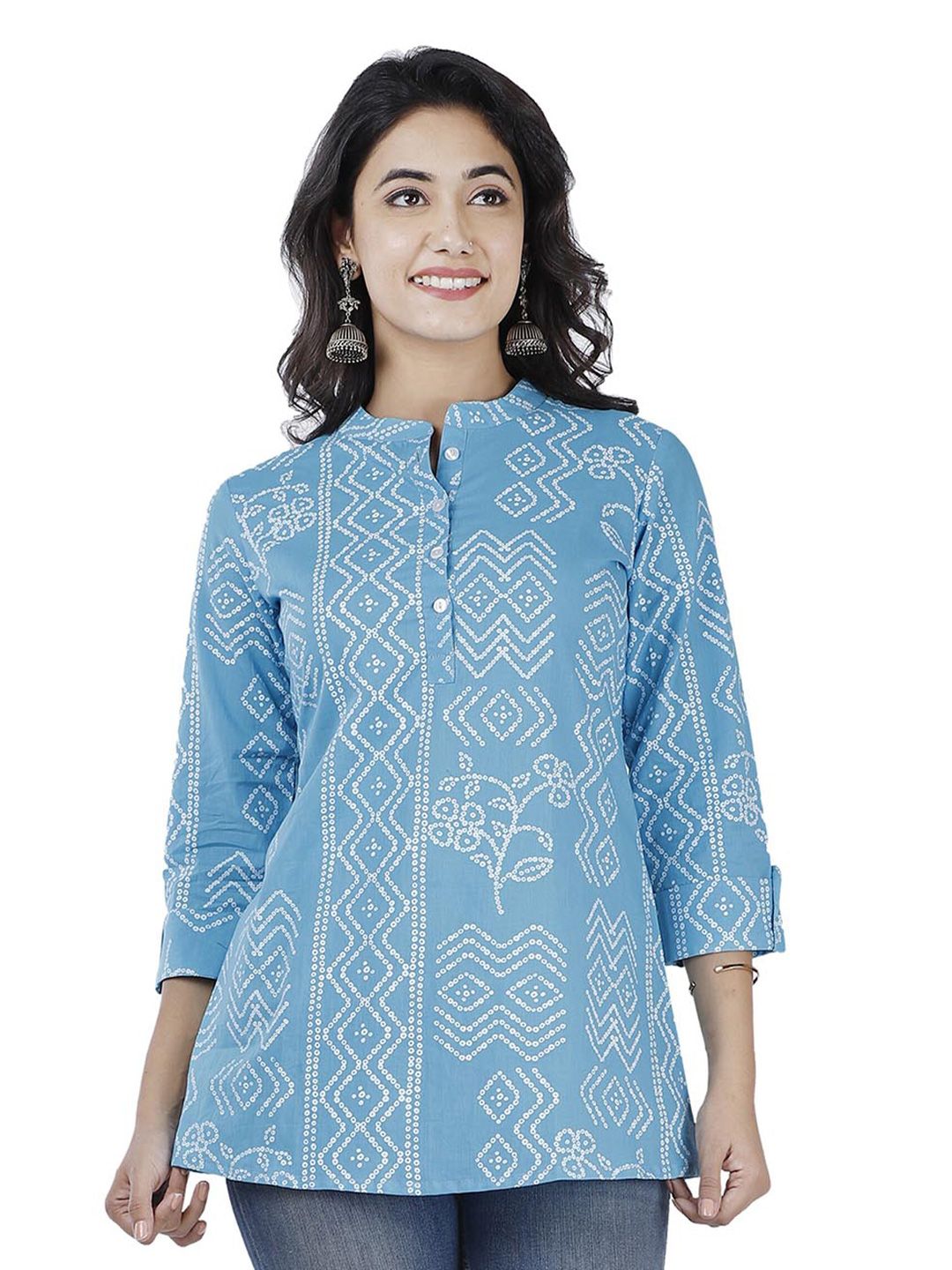 BAESD Ethnic Motifs Printed Mandarin Collar Cotton Top