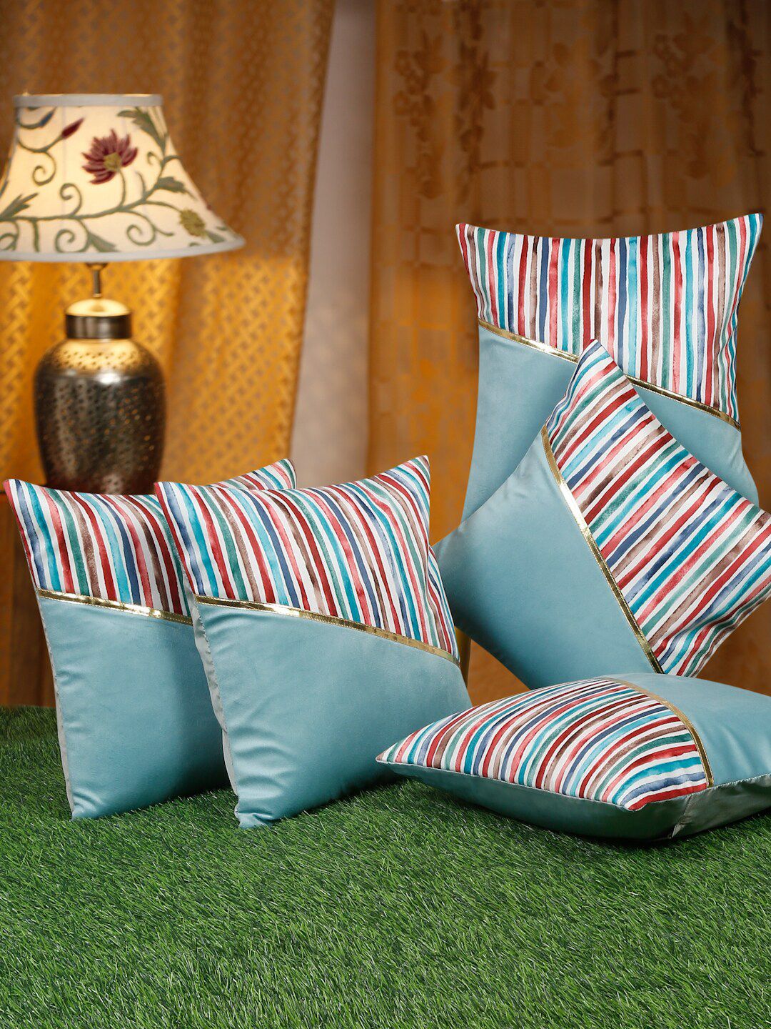 HOSTA HOMES Blue & White 5 Pieces Striped Velvet Square Cushion Covers
