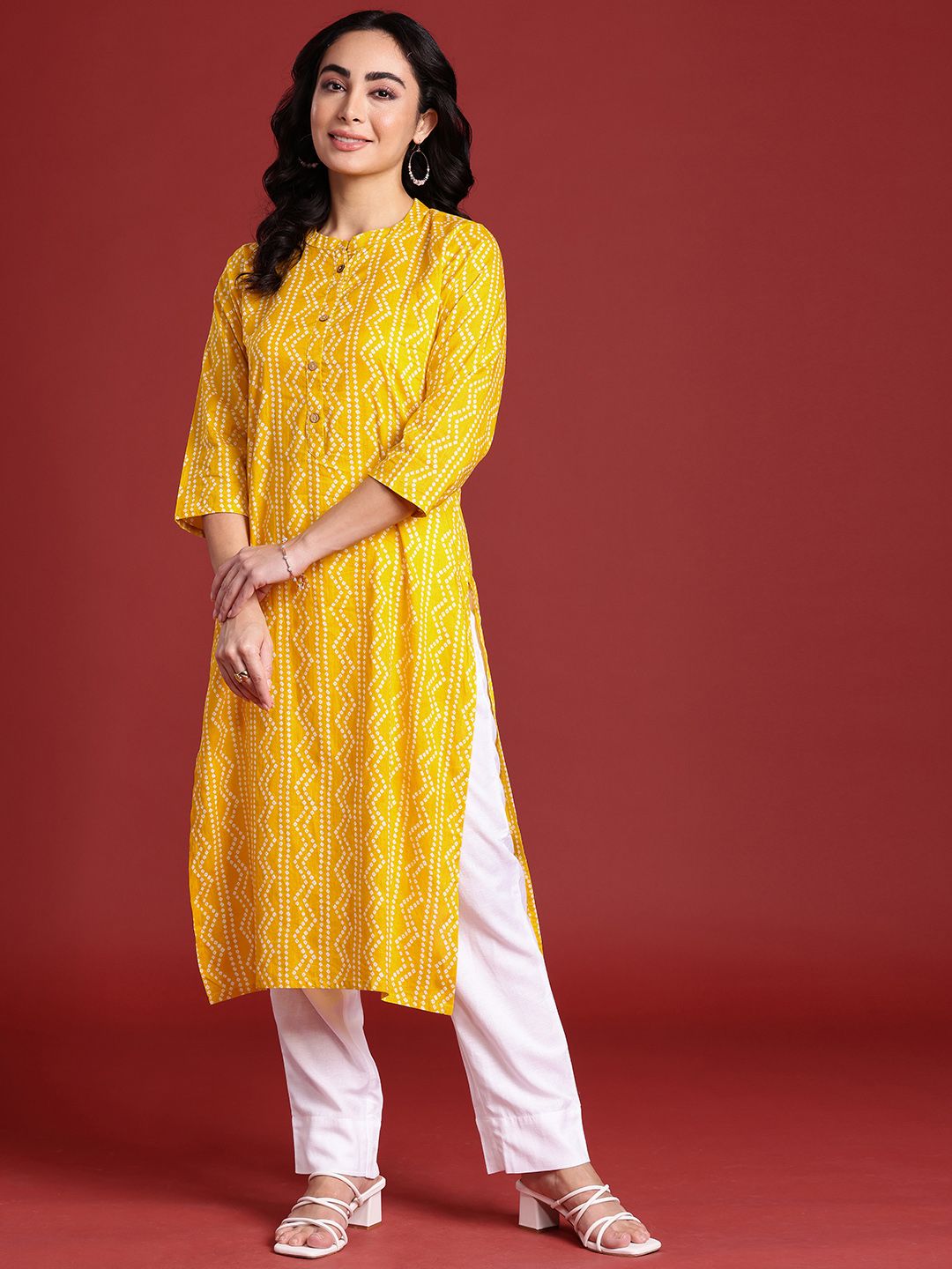 Anouk Bandhani Printed Mandarin Collar Pure Cotton Kurta