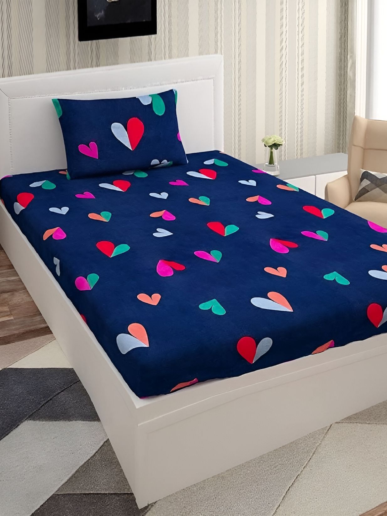 RRC Red Conversational Microfiber 144 TC Single Bedsheet with a Pillow Cover-60 x 90 inches