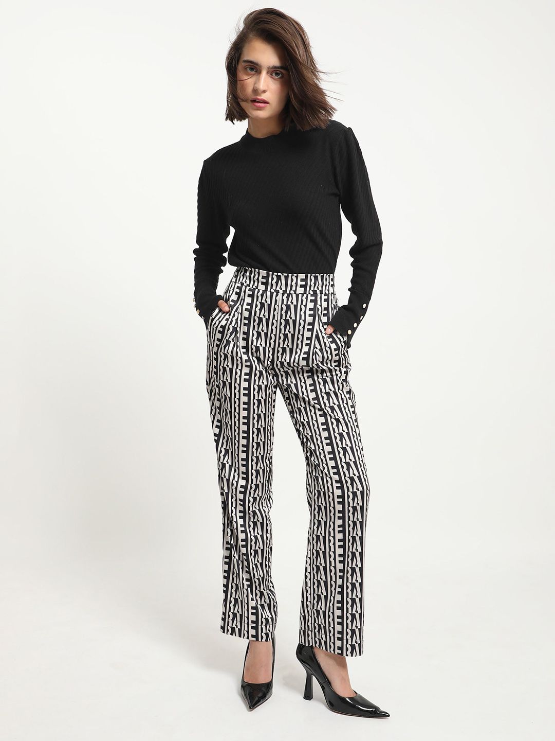 RAREISM Women Black Tailored Fit Geometric Print Trouser