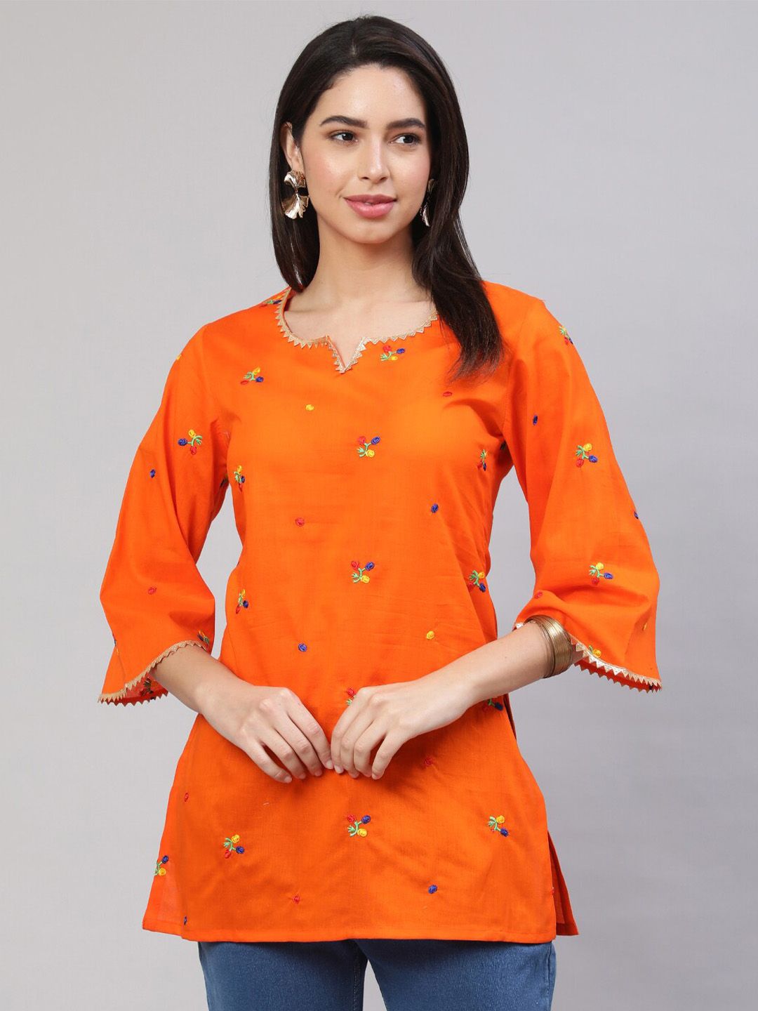 AKIMIA Ethnic Motifs Embroidered Round Neck Flared Sleeves Gotta Patti Pure Cotton Kurti