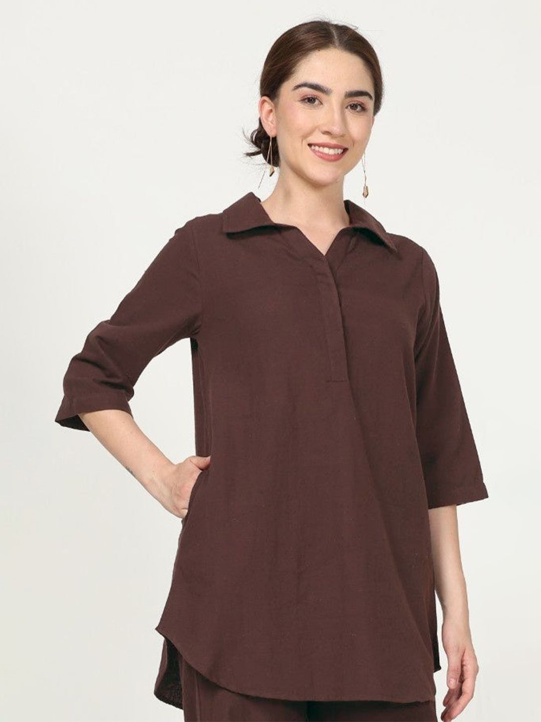 Saltpetre Coffee Brown Organic Cotton Shirt Collar Tunic