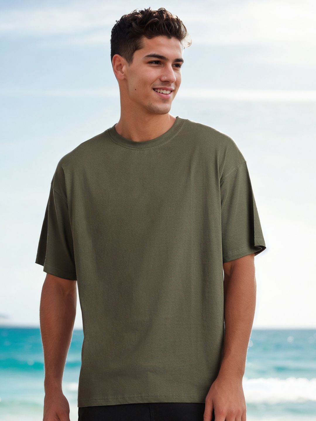 NOBERO Men Olive Green Solid Cotton Round Neck Drop-Shoulder Sleeves Oversized Loose Fit T-shirt