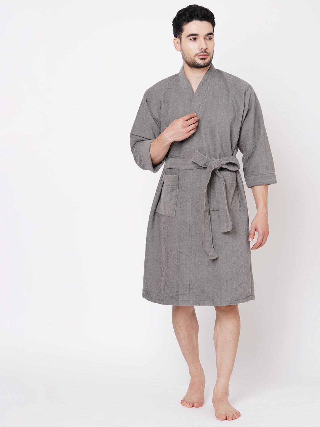 Welspun Dew Grey Solid Cotton Drawstring Knee Length Bath Robe