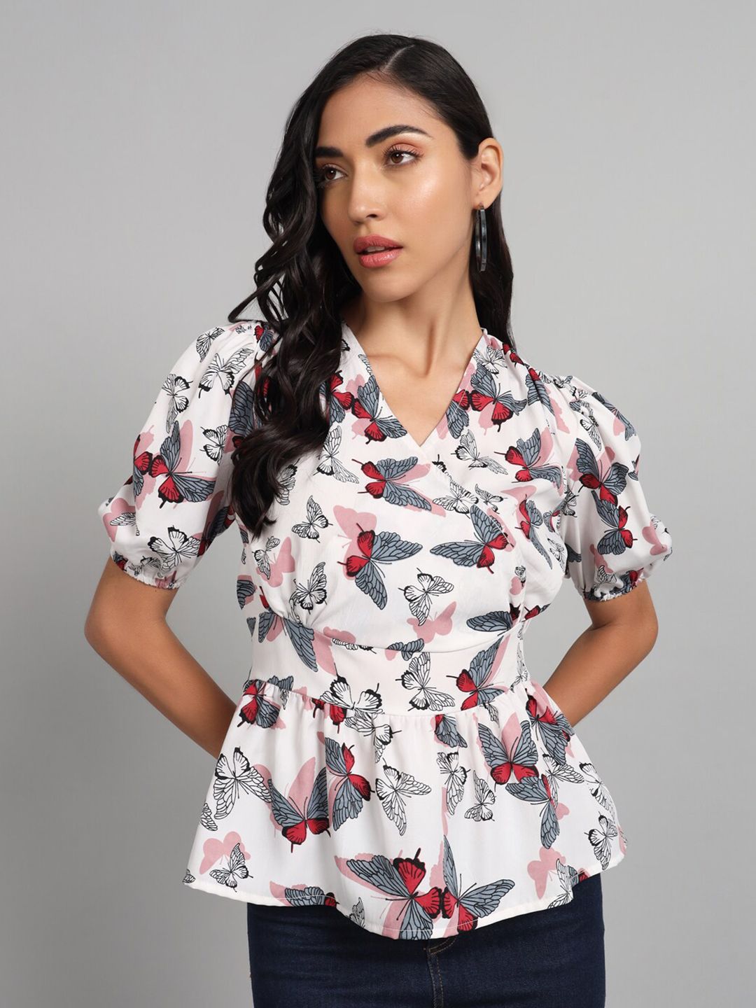 The Dry State Butterfly Print Puff Sleeve Peplum Top