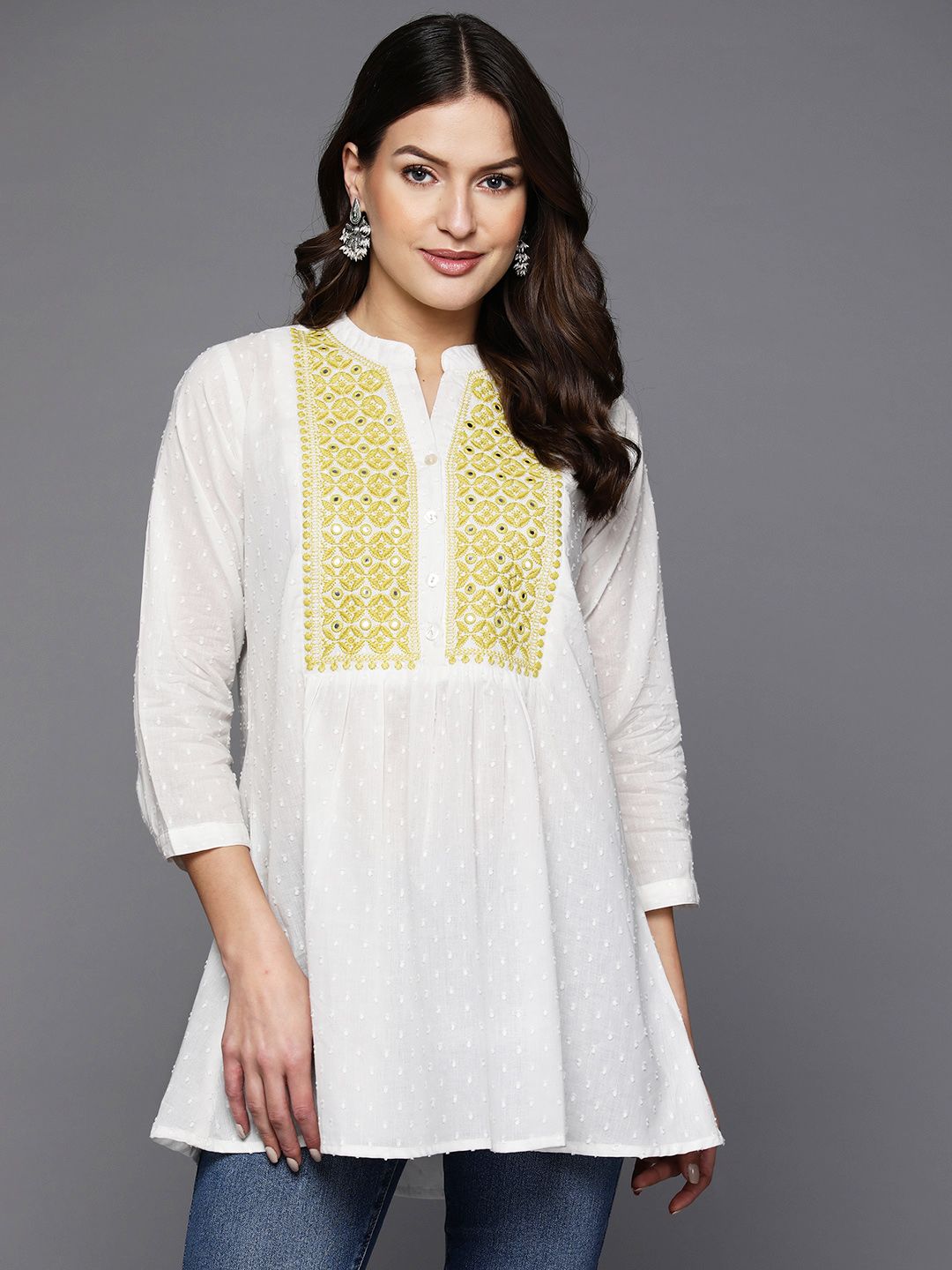 Indo Era Navy Embellished Embroidered Mandarin Collar Cotton Longline Fusion Top