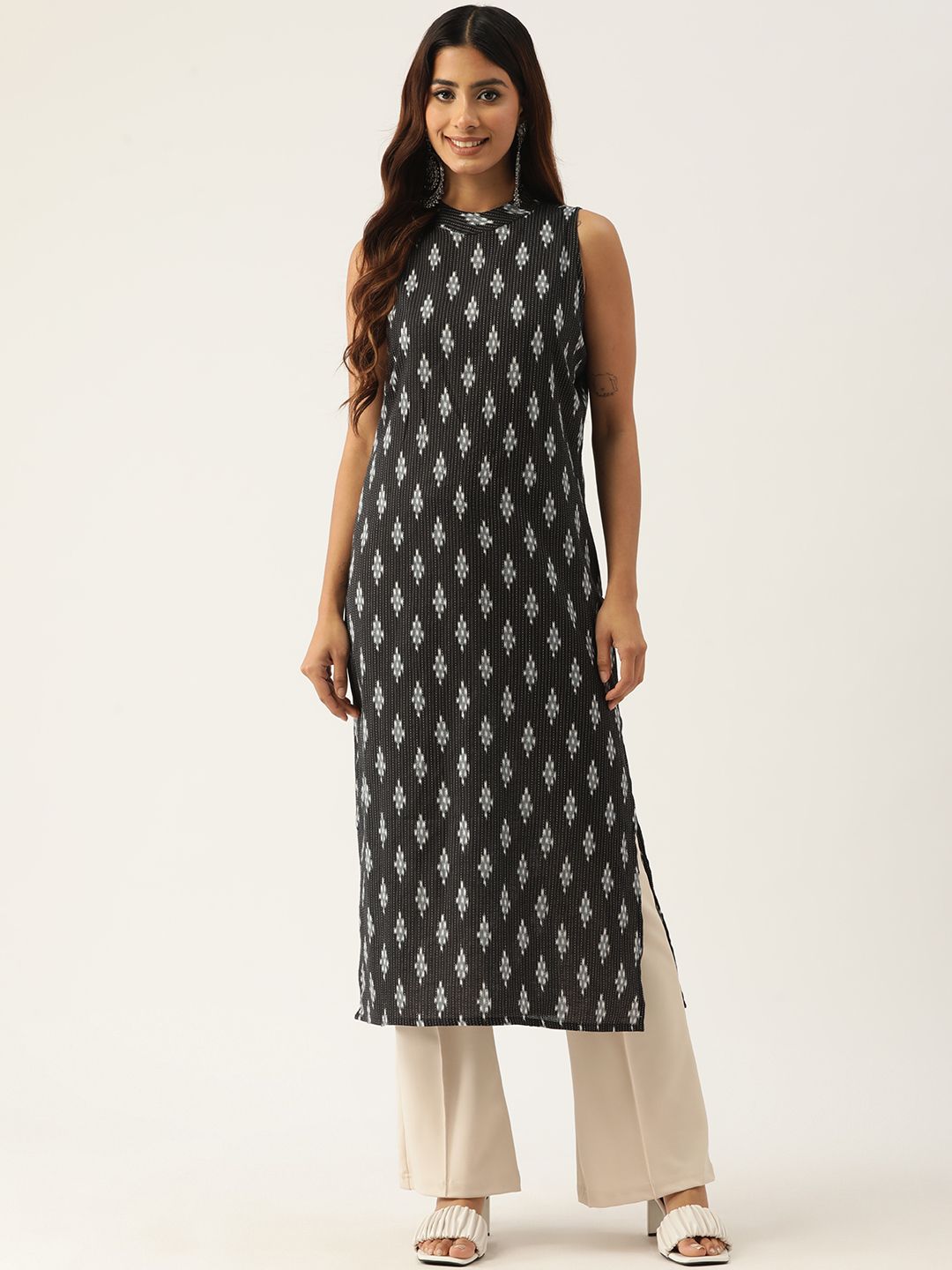 FERANOID Geometric Printed Kantha Work Pure Cotton Kurta