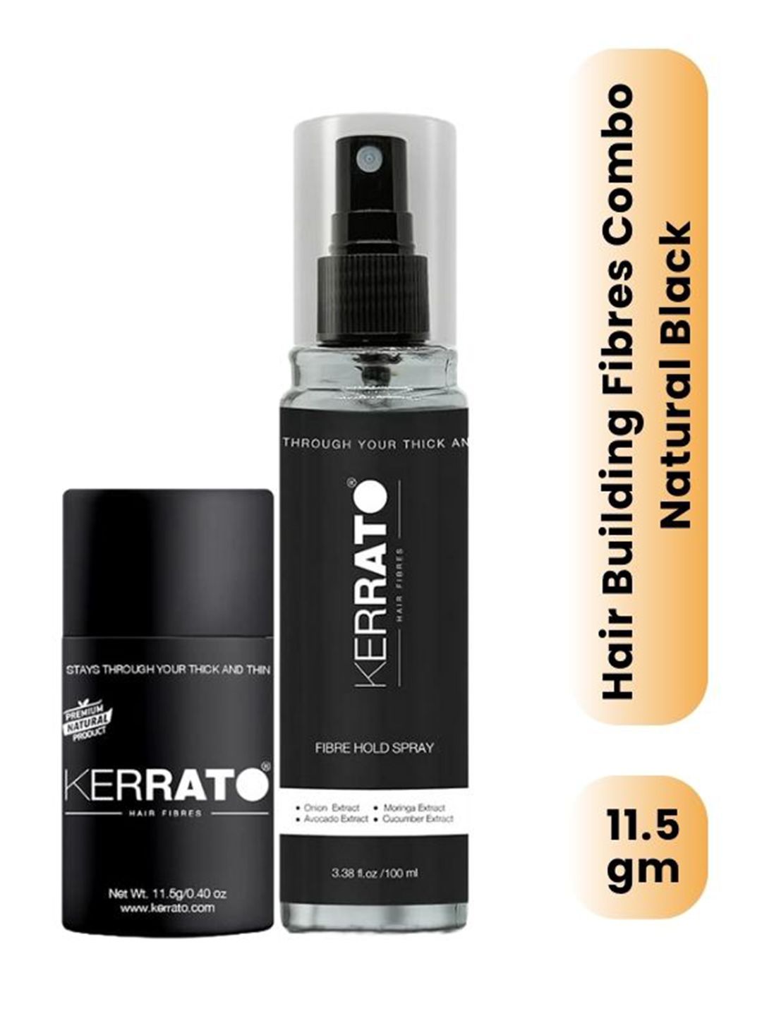 KERRATO HAIR FIBRES 2-Pcs Thinning Hair 11.5g & Hold Spray 100ml Combo - Natural Black