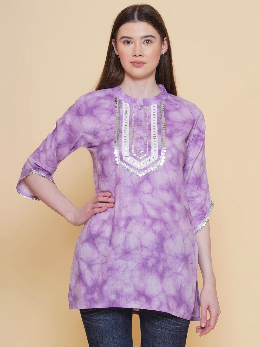 Modish Couture Tie and Dye Mandarin Collar Pure Cotton Tunic