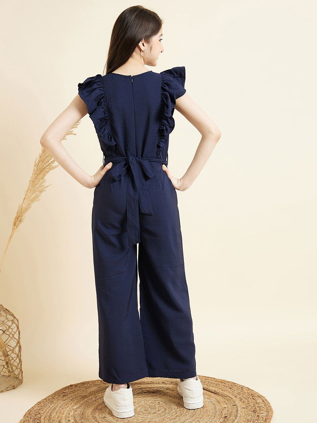 Girls V-Neck Ruffled Waist Tie-Up Basic Jumpsuit 4
